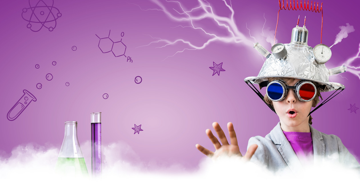 A mad scientist boy wearing an aluminum helmet with multiple gauges on top and lighting hitting helmet. He is holding his han