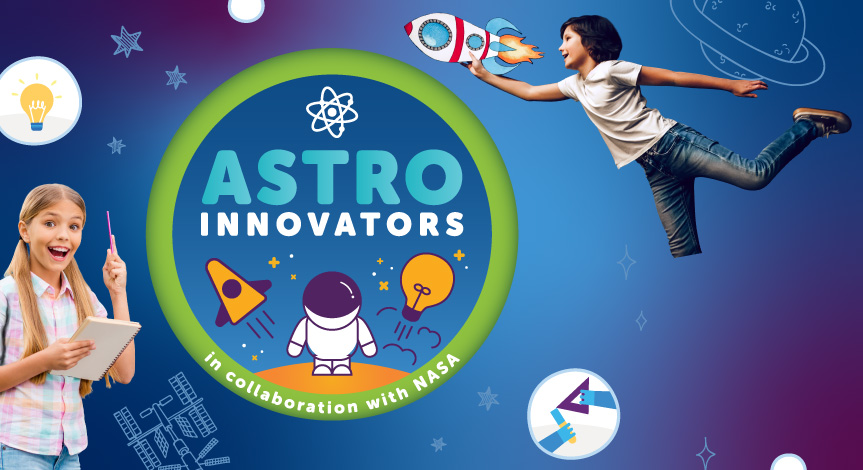 An image showcasing the logo for our new space camp, Astro Innovators, in collaboration with NASA.